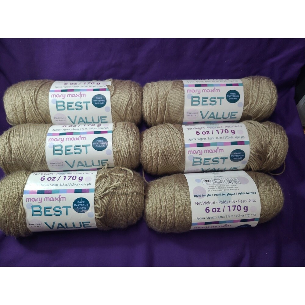 6 Skeins, Mary Maxim, "Best Value", Mocha, Premium Acrylic Yarn 665306